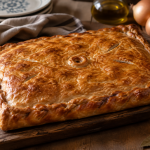 Empanada gallega artesana rectangular recién horneada sobre una tabla de madera.