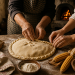 Dos generaciones preparando juntas una empanada gallega artesana en una cocina tradicional con horno de leña