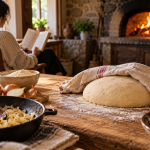 Masa de empanada reposando sobre una mesa de madera mientras una mujer lee junto a un horno de leña en una cocina tradicional