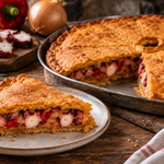 Empanada gallega de pulpo con masa de maíz, cortada en porciones y con relleno de pulpo y zaragallada