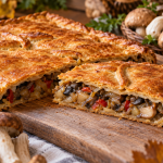 Empanada gallega de setas con masa de trigo y cerveza, dorada y cortada para mostrar el relleno de setas, cebolla y pimientos, sobre una tabla de madera.