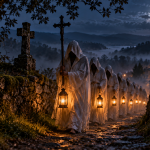 Representación de la Santa Compaña gallega, una procesión de ánimas encapuchadas con faroles y una cruz que recorre un antiguo camino de piedra entre la niebla, bajo la luz de la luna.